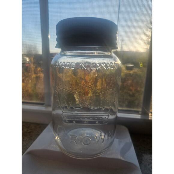 Antique CROWN 1 qt Imperial Quart Glass Mason Jar w/Zinc Ring & Glass Lid Canada - Picture 2 of 9